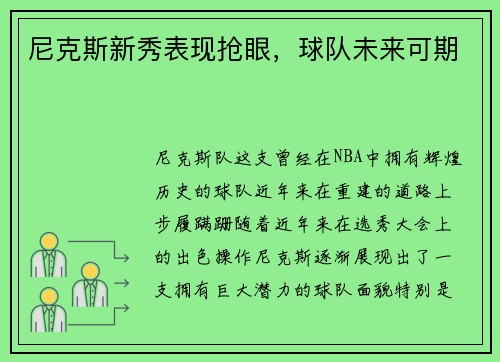 尼克斯新秀表现抢眼，球队未来可期